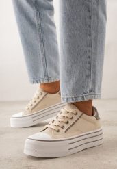 Beżowe Klasyczne Trampki na Grubej Podeszwie Araenes. Brązowe trampki Born2be, bez wzorów, z jeansu, bez zapięcia. Za 79.99 zł.