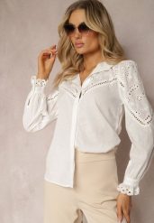 Biała Klasyczna Koszula w Stylu Boho z Bawełny z Ażurową Koronką Tilhila. Białe koszule Renee, l, w ażurowe wzory, z bawełny, boho, bez kołnierzyka, bez ramiączek. Za 99.99 zł.