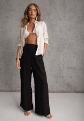 Czarne Szerokie Spodnie Casual High Waist ze Strukturalnej Tkaniny Hyrarpia. Czarne spodnie materiałowe Renee, na co dzień, l, bez wzorów, z jeansu, z podwyższonym stanem. Za 89.99 zł.
