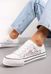 Białe Trampki Przed Kostkę z Ażurową Cholewką Shiliarre. Białe trampki Renee, w ażurowe wzory, przed kostkę, bez zapięcia. Za 69.99 zł.