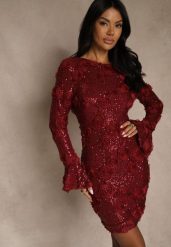 Bordowa Dopasowana Sukienka Ozdobiona Cekinami i Kwiatami 3D Raweda. Czerwone sukienki Renee, na co dzień, na wiosnę, l, bez wzorów, z poliesteru, bez kołnierzyka, bez ramiączek, midi, dopasowane. Za 229.99 zł.