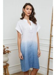 Fleur de Lin Lniana sukienka w kolorze biało-błękitnym rozmiar: XL. Białe sukienki Fleur de Lin, na co dzień, xl, bez wzorów, ze lnu, bez kołnierzyka, bez ramiączek, midi, proste. Za 224.52 zł.