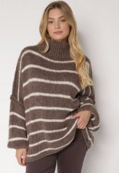 Brązowy Golf Oversize w Paski z Domieszką Wełny i Wiskozy Nexeia. Brązowe golfy Born2be, bez wzorów, z jeansu, bez ramiączek. Za 159.99 zł.