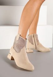 Beżowe Botki Vices na Obcasie z Siateczkową Cholewką Deonelle. Brązowe botki Born2be, z aplikacjami, z jeansu, bez obcasa, na obcasie, bez zapięcia. Za 159.99 zł.
