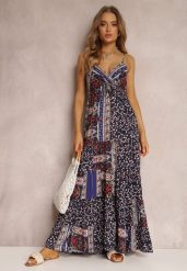 Granatowa Sukienka z Wiskozy Fihi. Niebieskie sukienki Renee, l, bez wzorów, z wiskozy, boho, bez kołnierzyka, bez ramiączek, maxi, kopertowe. Za 74.99 zł.