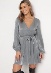 Szara Rozkloszowana Sukienka Mini z Gumką w Pasie Gaiame. Szare sukienki Born2be, l, bez wzorów, z materiału, bez kołnierzyka, bez ramiączek, mini, rozkloszowane. Za 69.99 zł.