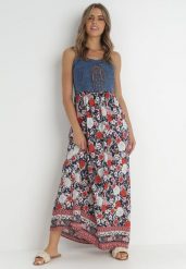 Granatowa Sukienka Giric. Niebieskie sukienki Born2be, l, bez wzorów, z jeansu, boho, bez kołnierzyka, bez ramiączek, maxi, dopasowane. Za 89.99 zł.