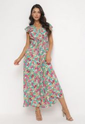 Zielona Rozkloszowana Sukienka Maxi w Kwiaty Illuma. Zielone sukienki Born2be, l, bez wzorów, z materiału, bez kołnierzyka, bez ramiączek, maxi, kopertowe. Za 79.99 zł.