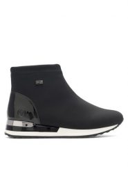 Remonte Botki R2571-02 Czarny. Czarne botki Remonte, bez wzorów, z materiału, bez obcasa, na płaskiej podeszwie, bez zapięcia. Za 379.99 zł.