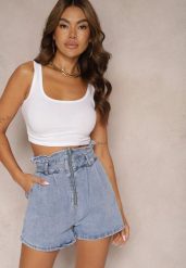 Niebieskie Szorty Jeansowe z Bawełny High Waist Wykończone Przeszyciami Merceria. Niebieskie szorty Renee, bez wzorów, z bawełny, casualowe, z podwyższonym stanem. Za 29.99 zł.