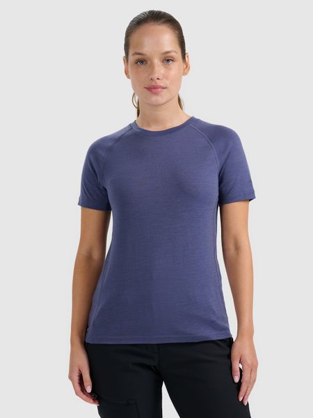 4F Koszulka trekkingowa z wełną merino damska - granatowa S. Niebieskie bluzki 4f, s, bez wzorów, z wełny, bez kołnierzyka, bez ramiączek. Za 199.99 zł.