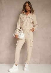Beżowy Komplet Dresowy Cargo Bluza ze Stójką i Spodnie Jogger Litene. Brązowe bluzy sportowe Renee, l, bez wzorów, z dresówki, bez kaptura. Za 79.99 zł.
