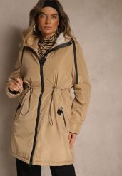 Ciemnobeżowa Kurtka Parka w Stylu Casual Ocieplana Futerkiem Olleania. Brązowe kurtki Renee, l, z dzianiny, casualowe. Za 199.99 zł.