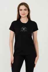 EMPORIO ARMANI Czarny damski t-shirt Uni Logo Printe, Rozmiar M. Czarne t-shirty Emporio Armani, m, bez wzorów, bez kołnierzyka, bez ramiączek. W wyprzedaży za 159.99 zł.