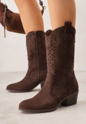 Brązowe Ażurowe Botki na Obcasie w Stylu Kowbojek Lissemi. Brązowe botki Born2be, na jesień, w ażurowe wzory, z jeansu, bez obcasa, na obcasie, bez zapięcia. Za 149.99 zł.