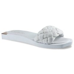 Klapki damskie Chebello, naturalna skóra licowa z szerokim plecionym paskiem wsuwaną konstrukcją oraz płaską lekką podeszwą, białe, 2609-364-PSK. Białe klapki CheBello, bez wzorów, ze skóry, bez obcasa, na płaskiej podeszwie. Za 199.00 zł.