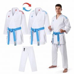 Kimono do karate Extera Kumite WKF - bluza dwustronna i spodnie MOOTO. Białe bluzy DBX BUSHIDO, xl, z aplikacjami, z materiału, bez kaptura. Za 599.00 zł.