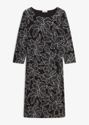 Sukienka z dżerseju ze wzorem w kwiatki. Czarne sukienki bonprix, bez wzorów, z dżerseju, eleganckie, bez kołnierzyka, bez ramiączek. Za 149.99 zł.