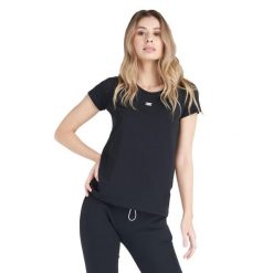 Neonowa koszulka damska z krótkim rękawem. Czarne bluzki LEONE 1947 APPAREL, l, bez wzorów, z tkaniny, sportowe, bez kołnierzyka, bez ramiączek. W wyprzedaży za 70.95 zł.
