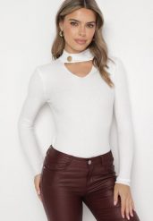 Biały Sweter z Golfem z Ozdobnym Wycięciem Essine. Białe golfy Born2be, bez wzorów, bez ramiączek. Za 59.99 zł.