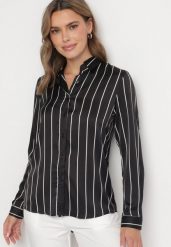 Czarna Koszula w Delikatne Paski z Podpinanymi Rękawami Berraza. Czarne koszule Born2be, l, bez wzorów, z jeansu, eleganckie, bez kołnierzyka, bez ramiączek. Za 59.99 zł.