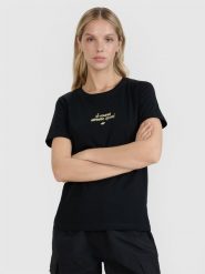 4F T-shirt regular z nadrukiem damski - czarny XL. Czarne koszulki sportowe 4f, bez wzorów, z bawełny, bez ramiączek. W wyprzedaży za 29.99 zł.