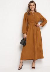 Brązowa Rozkloszowana Sukienka Maxi z Plisowanym Dołem i Wiązanym Paskiem Nollira. Brązowe sukienki Born2be, bez wzorów, eleganckie, bez kołnierzyka, bez ramiączek, maxi, plisowane. Za 119.99 zł.