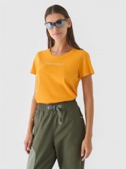 4F T-shirt regular gładki damski - pomarańczowy XS. Brązowe t-shirty 4f, xs, bez wzorów, z bawełny, bez kołnierzyka, bez ramiączek. W wyprzedaży za 19.99 zł.