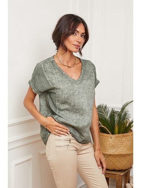 Fleur de Lin Lniana koszulka "Fabioza" w kolorze oliwkowym rozmiar: XXL. Brązowe bluzki Fleur de Lin, xxl, bez wzorów, ze lnu, bez kołnierzyka, bez ramiączek. Za 91.77 zł.