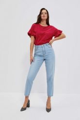 Jeansy mom fit z wysokim stanem błękitne. Niebieskie jeansy MOODO, xl, bez wzorów, z podwyższonym stanem. W wyprzedaży za 67.49 zł.