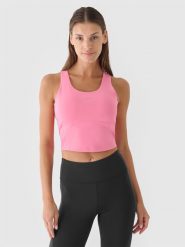 4F Crop top treningowy szybkoschnący damski - różowy L. Czerwone koszulki sportowe 4f, bez wzorów, z dzianiny, bez ramiączek, na fitness i siłownię. W wyprzedaży za 49.99 zł.
