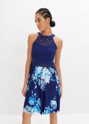 Sukienka z dżerseju z koronką. Czarne sukienki bonprix, bez wzorów, z dżerseju, bez kołnierzyka, bez ramiączek. Za 159.99 zł.