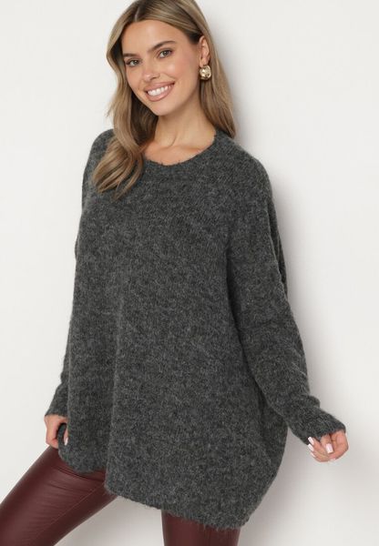Ciemnoszary Klasyczny Sweter o Kroju Oversize Zallelia. Szare swetry Born2be, na jesień, bez wzorów, z wełny, bez ramiączek. Za 139.99 zł.