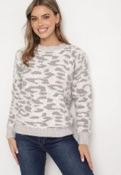 Jasnoszary Sweter z Wełną o Klasycznym Kroju Zdobiony Wzorem w Cętki Zinarisa. Szare swetry Born2be, na zimę, l, z aplikacjami, z wełny, bez ramiączek. Za 64.99 zł.
