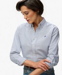 Superdry Damska koszula Oxford slim z długim rękawem – AZURE BLUE STRIPE OXFORD. Niebieskie koszule Superdry, bez wzorów, z bawełny, bez kołnierzyka, bez ramiączek. Za 281.70 zł.