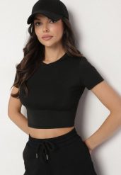 Czarny T-shirt z Wiskozą o Dopasowanym Kroju Typu Crop Top Folirra. Czarne t-shirty Born2be, m, bez wzorów, z jeansu, bez kołnierzyka, bez ramiączek. W wyprzedaży za 38.24 zł.