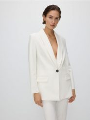 Marynarka z szalowym kołnierzem - biały. Białe marynarki i żakiety Reserved, l, bez wzorów, z tkaniny. W wyprzedaży za 119.99 zł.