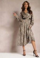 Jasnobeżowa Sukienka w Panterkę z Kopertowym Dekoltem Balme. Brązowe sukienki Renee, na co dzień, m, z aplikacjami, eleganckie, bez kołnierzyka, bez ramiączek, maxi, kopertowe. Za 74.99 zł.