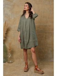 Joséfine Lniana sukienka "Mouna" w kolorze khaki rozmiar: L. Brązowe sukienki Joséfine, l, bez wzorów, ze lnu, bez kołnierzyka, bez ramiączek, midi. Za 152.99 zł.