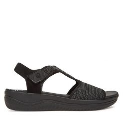 Sandały Jana. Czarne sandały JANA, bez wzorów, bez obcasa, na koturnie, bez zapięcia. Za 279.99 zł.