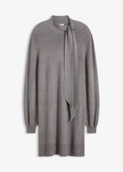 Sukienka dzianinowa z kokardą z miękkiej mieszanki wiskozy. Szare sukienki bonprix, bez wzorów, z dzianiny, bez kołnierzyka, bez ramiączek, mini. Za 144.99 zł.