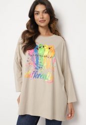Beżowa Bluzka Oversize z Bawełny z Kolorowym Nadrukiem i Brokatem Tailine. Brązowe bluzki Born2be, bez wzorów, z bawełny, bez kołnierzyka, bez ramiączek. W wyprzedaży za 76.49 zł.