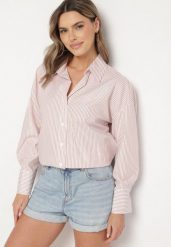 Beżowa Bawełniana Koszula Oversize w Prążki Zdobiona Metaliczną Nicią Paserella. Brązowe koszule Born2be, l, z aplikacjami, z bawełny, eleganckie, bez kołnierzyka, bez ramiączek. Za 89.99 zł.
