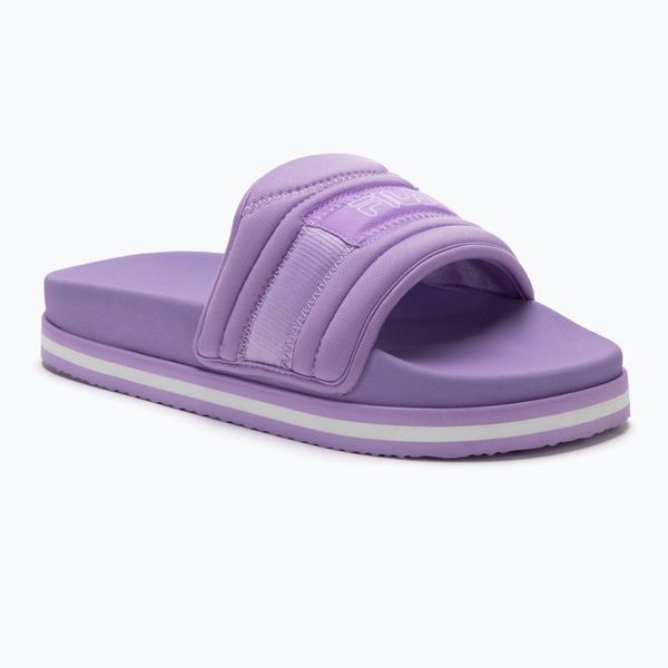 Klapki damskie FILA Morro Bay Zeppa Lounge. Fioletowe klapki Fila, bez wzorów, z materiału, bez obcasa. Za 89.99 zł.