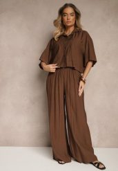 Brązowy Komplet z Wiskozy o Kroju Oversize Koszula i Spodnie Dovaraella. Brązowe koszule Renee, m, bez wzorów, z materiału, casualowe, bez kołnierzyka, bez ramiączek. Za 109.99 zł.