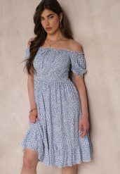 Niebieska Sukienka Midi o Fasonie Bawełnianej Hiszpanki Nairo. Niebieskie sukienki Renee, na spotkanie biznesowe, m, bez wzorów, z bawełny, eleganckie, bez kołnierzyka, bez ramiączek, midi. Za 39.99 zł.