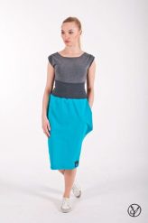 Spódnica z kieszenią turkus midi. Niebieskie spódnice Hultaj Polski, l, bez wzorów, z bawełny, eleganckie, midi, asymetryczne. Za 149.00 zł.