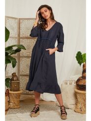 Lin Passion Lniana sukienka w kolorze granatowym rozmiar: 38/40. Niebieskie sukienki Lin Passion, bez wzorów, ze lnu, klasyczne, bez kołnierzyka, bez ramiączek, midi. Za 173.99 zł.