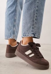 Brązowe Sneakersy Basic z Paskami na Boku Adila. Brązowe obuwie sportowe Renee, z jeansu, bez zapięcia. Za 99.99 zł.