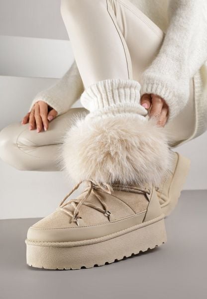Beżowe Śniegowce na Platformie Ozdobione Futerkiem Teswena. Brązowe trapery i śniegowce Renee, z jeansu. Za 79.99 zł.